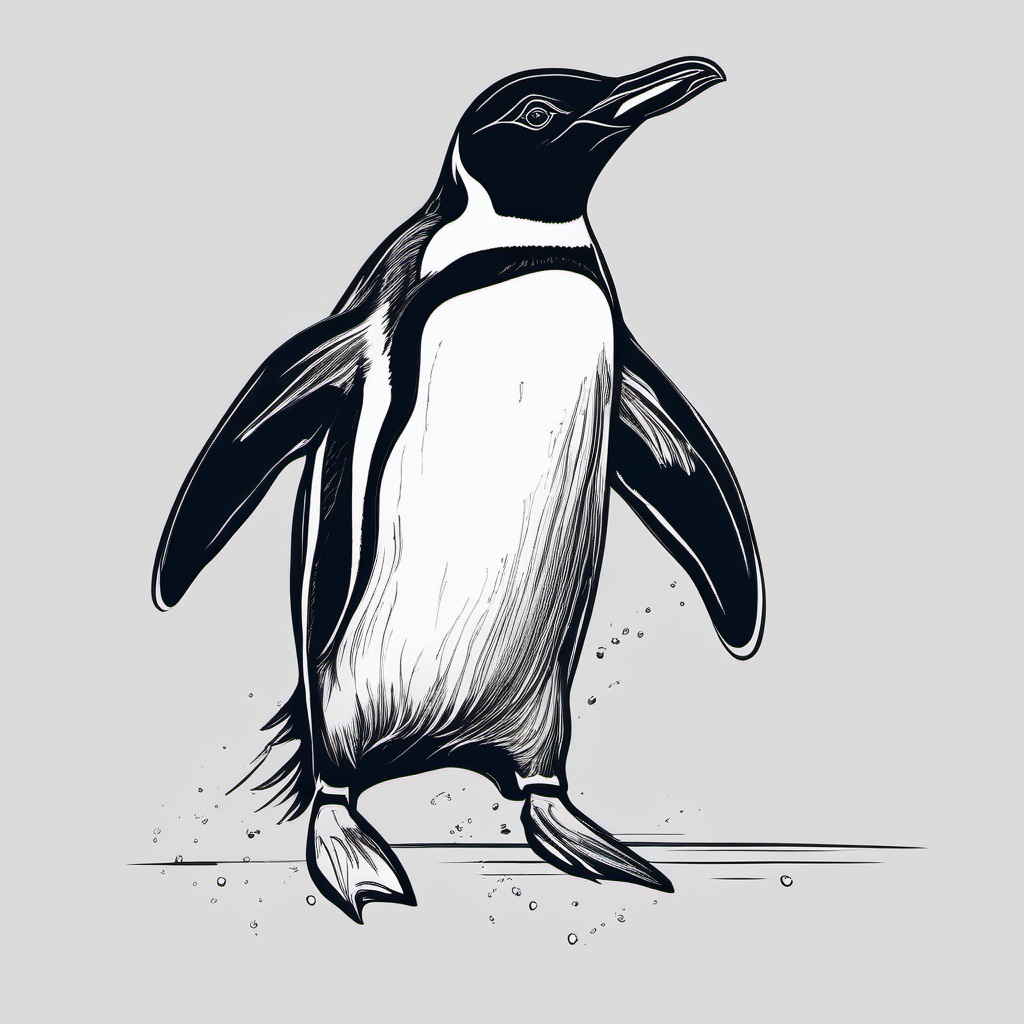 drawing of a penguin sliding on ice  minimal rough sketch scribbles,doodles,black and white