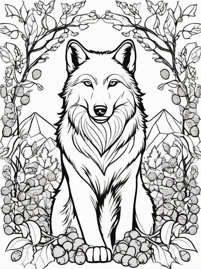 Wolf and Acorns Coloring Pages - Wolf Surrounded by Autumn Acorns  minimal black outline printable sheet, coloring page