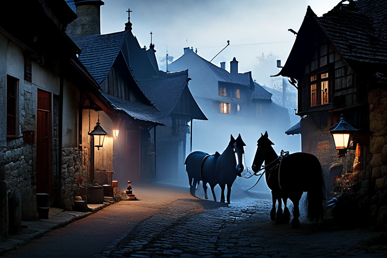 wraiths haunting the shadowy, cobblestone streets of a medieval transylvanian village in romania. 