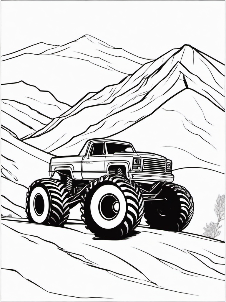 Monster Truck on a Hill Coloring Pages - Massive Truck Climbing Steep Hill  minimal black outline printable sheet, coloring page