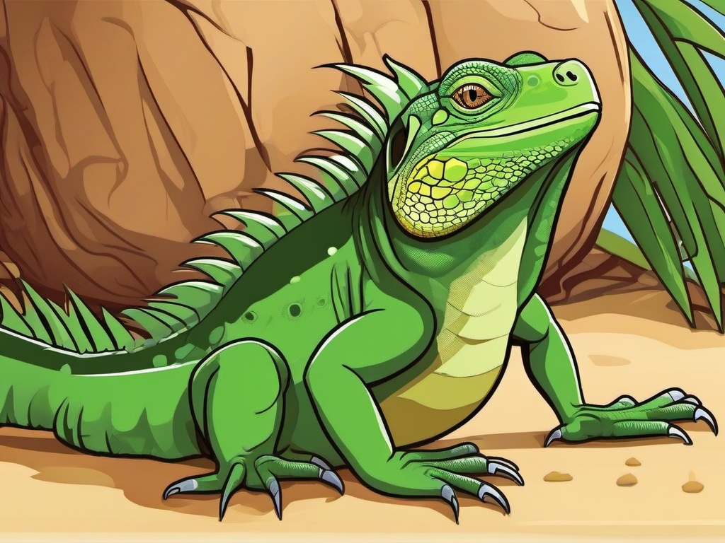 Iguana Cartoon - Cartoon of iguana basking in the sun  