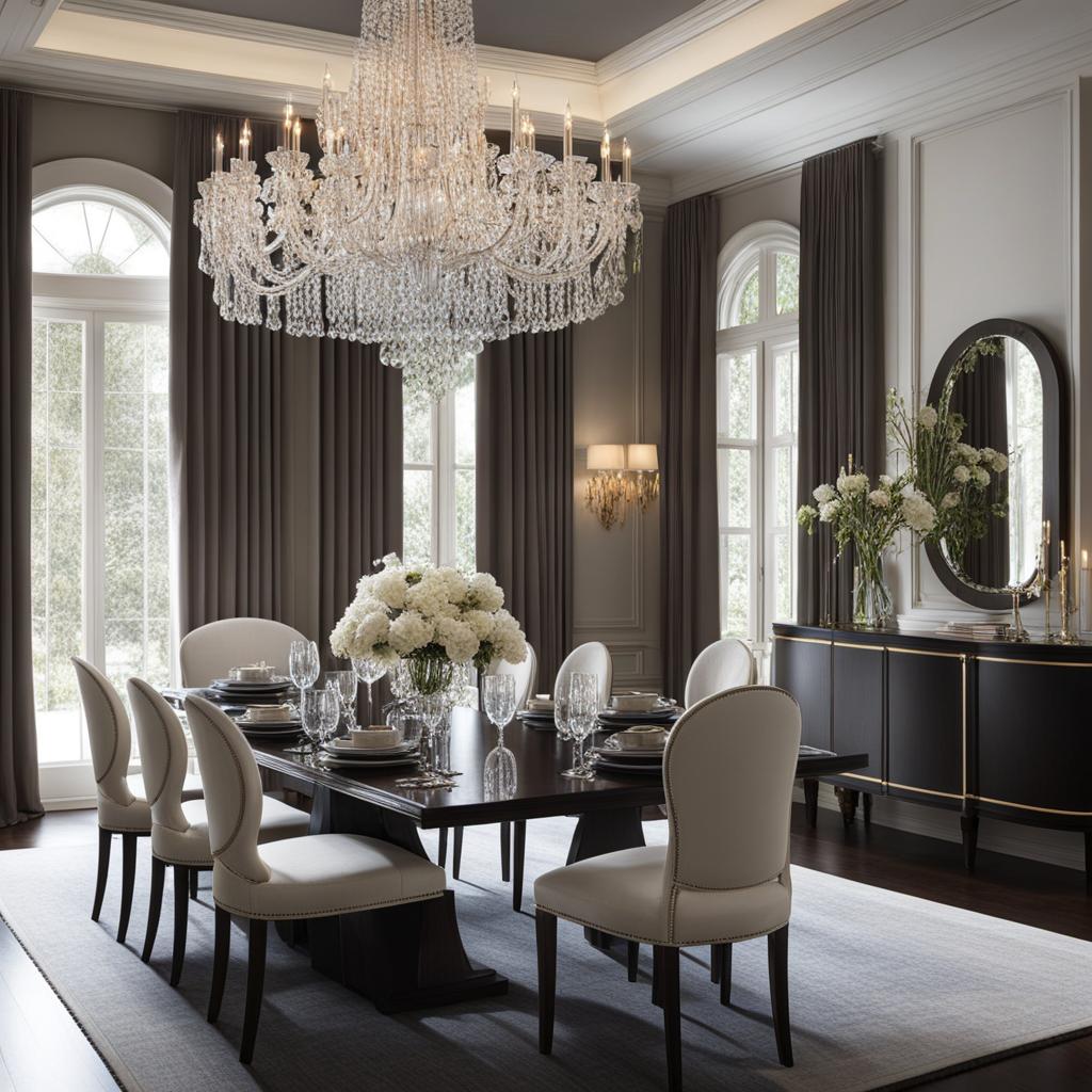 elegant dining room with a grand crystal chandelier and formal dining set. 