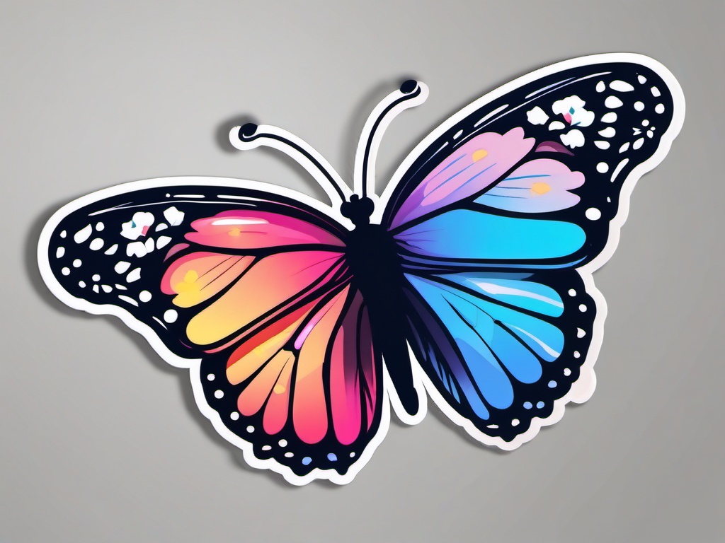 Butterfly and Blossoms Sticker - Butterfly fluttering near blooming flowers, ,vector color sticker art,minimal