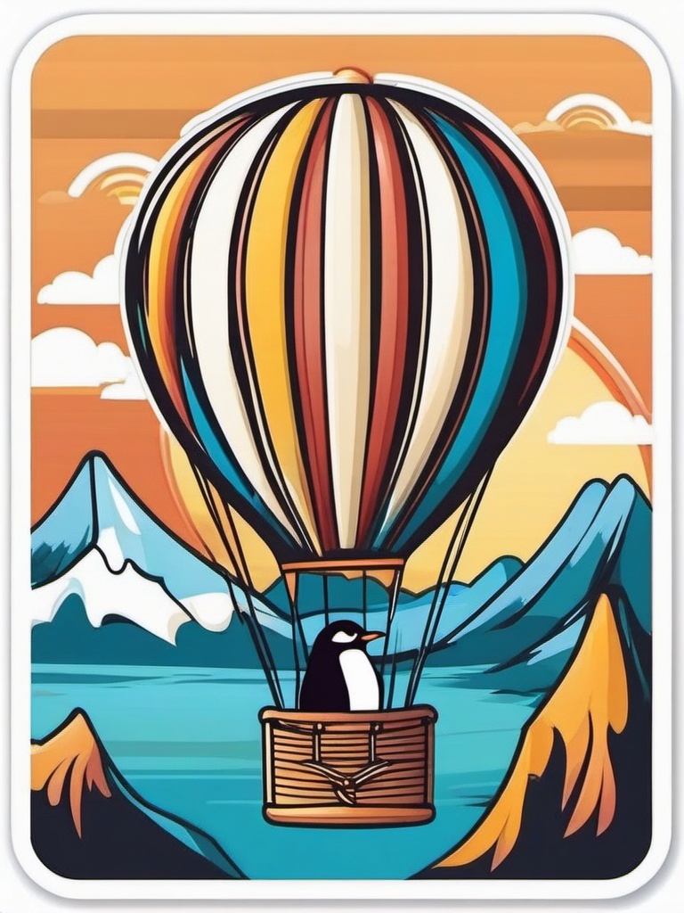 Penguin in Hot Air Balloon Sticker - A penguin soaring in a hot air balloon over scenic landscapes. ,vector color sticker art,minimal