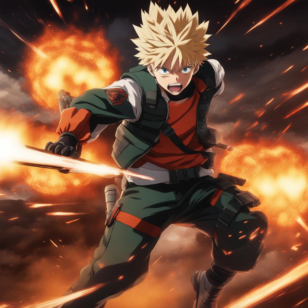 katsuki bakugo blasts explosive attacks during intense combat training. 