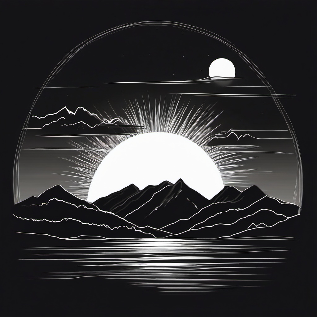 drawing of the sun setting behind mountains  minimal rough sketch scribbles,doodles,black and white