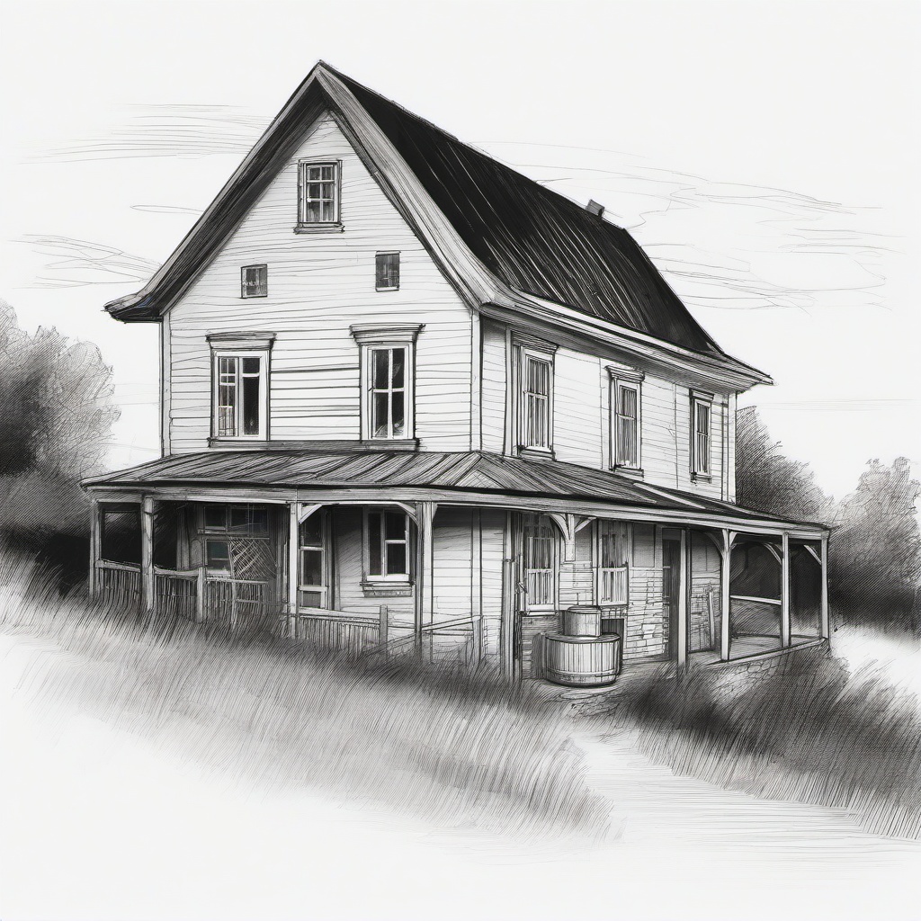 drawing of a farmhouse  minimal rough sketch scribbles,doodles,black and white