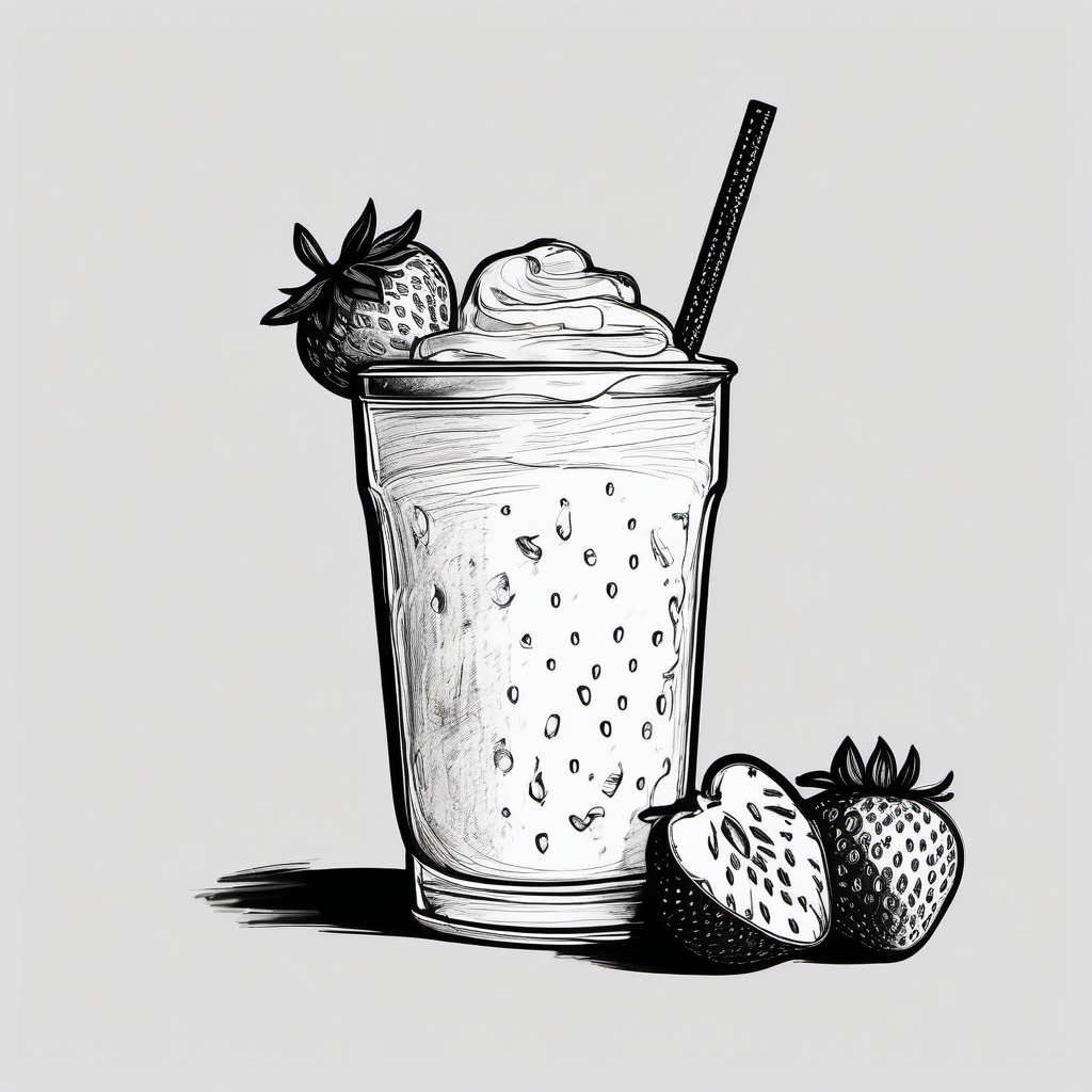 drawing of a strawberry in a smoothie  minimal rough sketch scribbles,doodles,black and white