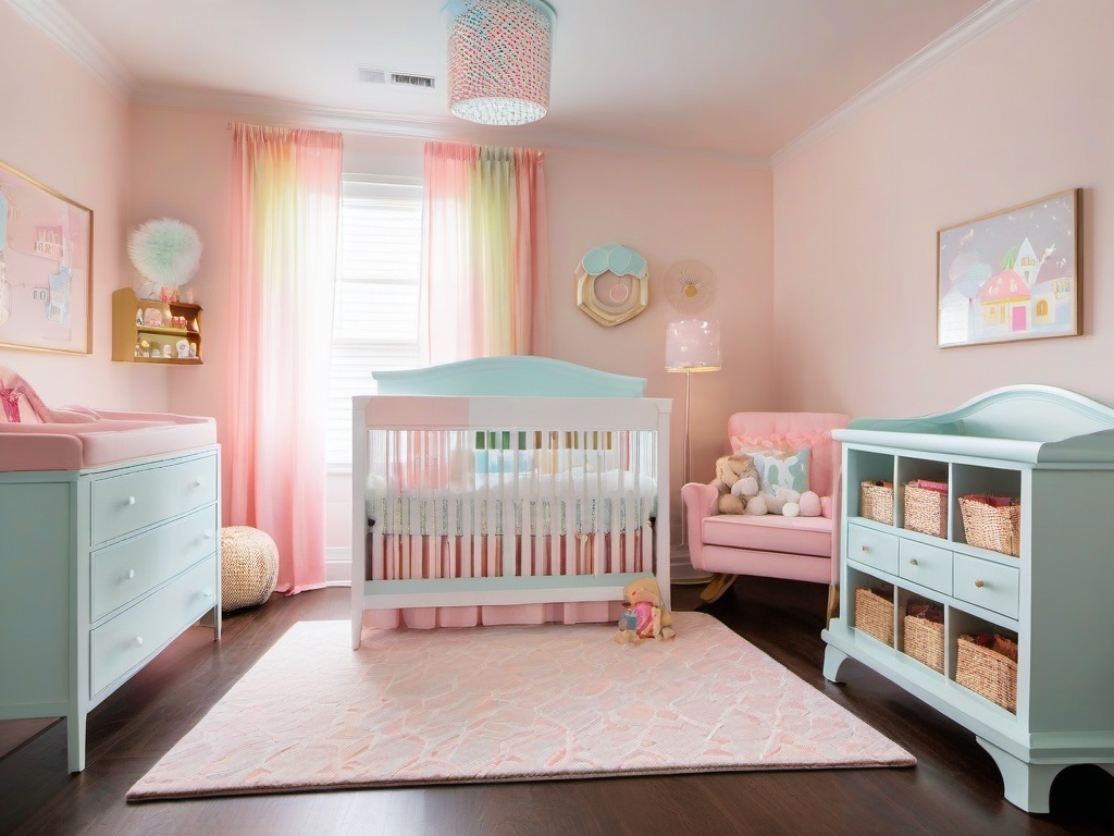 Candy Land nursery features bright pastel colors, playful furniture, and whimsical decor, providing a cheerful and cozy environment for a baby's first experiences.  