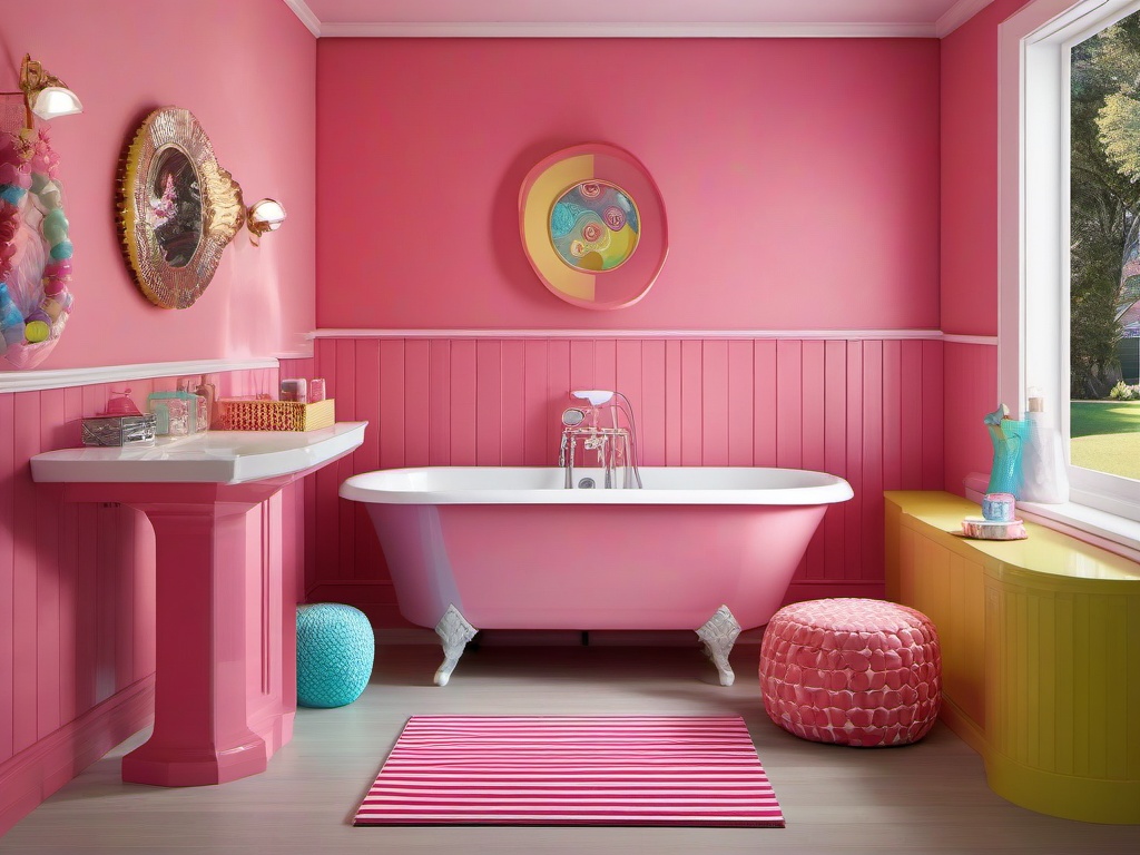 Candy Land small bathroom showcases bright colors, fun shower curtains, and whimsical accessories, maximizing joy and creativity in a compact space.  