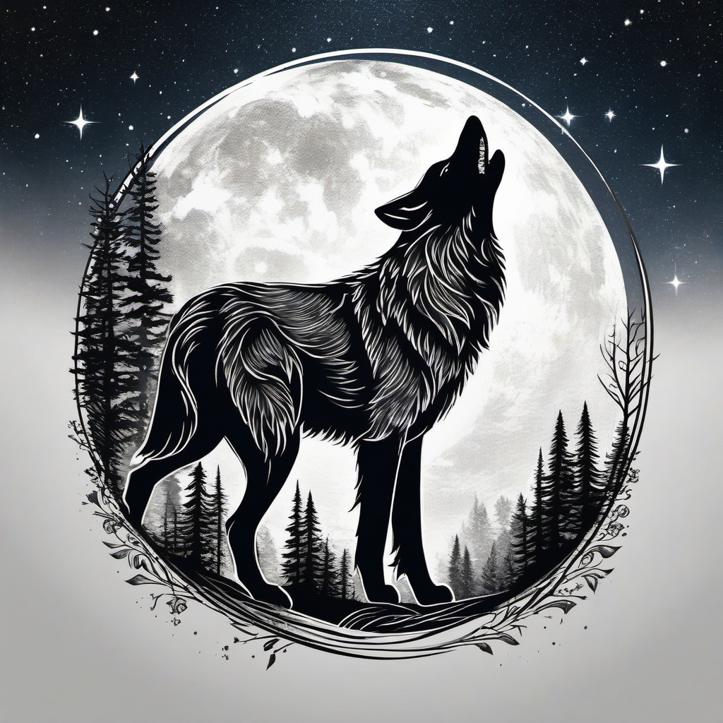 Howling Wolf Tattoo,call of the wild, howling wolf under the starry night, etched in eternal ink. , tattoo design, white clean background