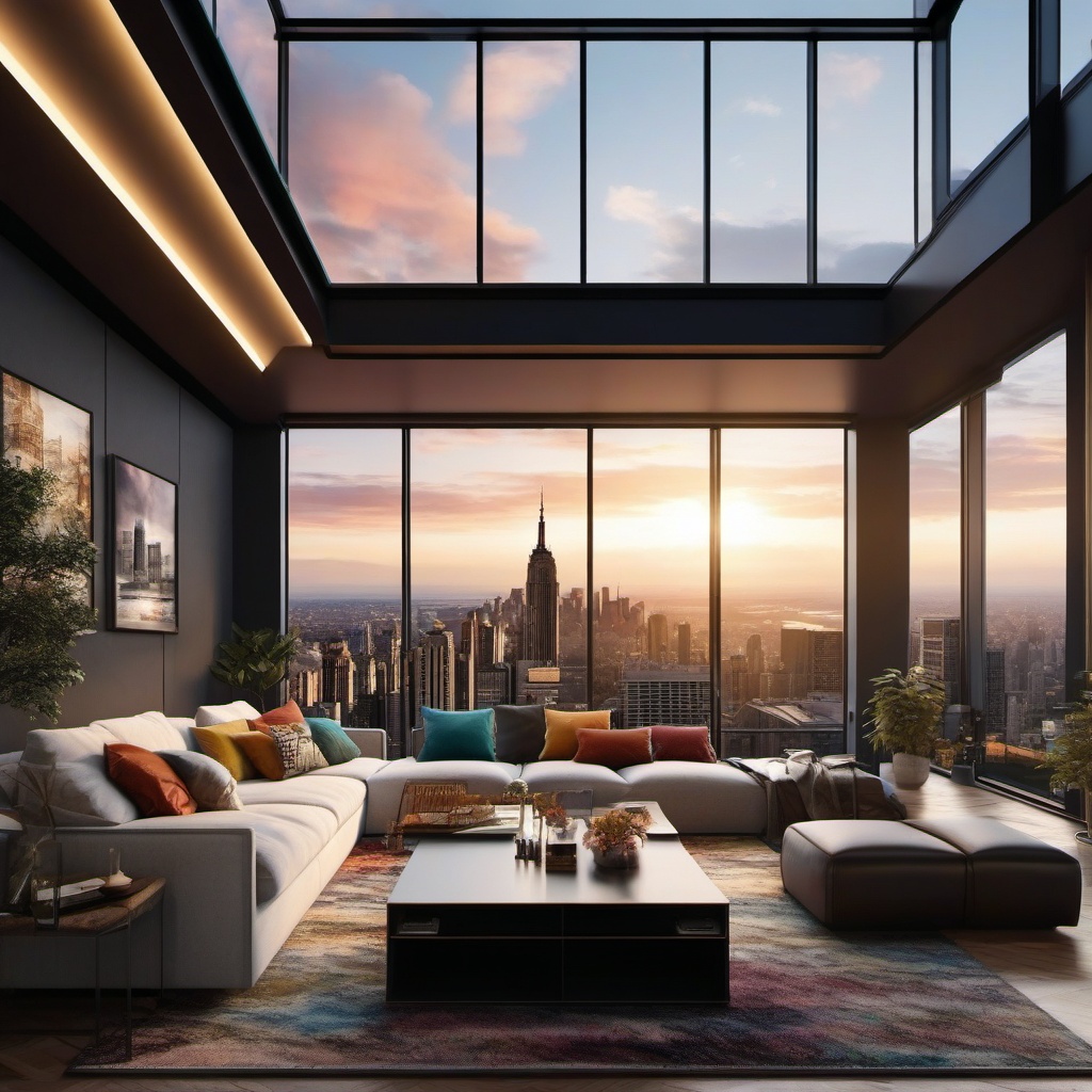 City Skyline Sanctuary - Design a living room with a skyline view and urban aesthetics. , living room decor ideas, multicoloured, photo realistic, hyper detail, high resolution,