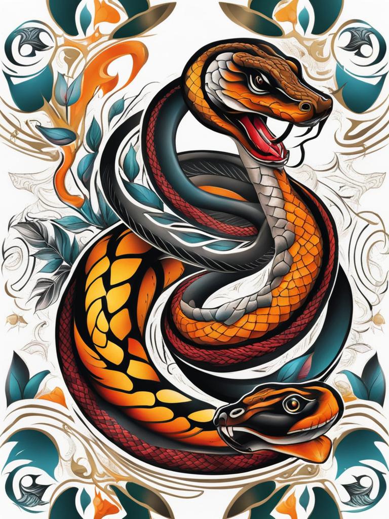 Snake and tattoo, Tattoos that combine snake imagery with other tattoo elements. colors, tattoo patterns, clean white background