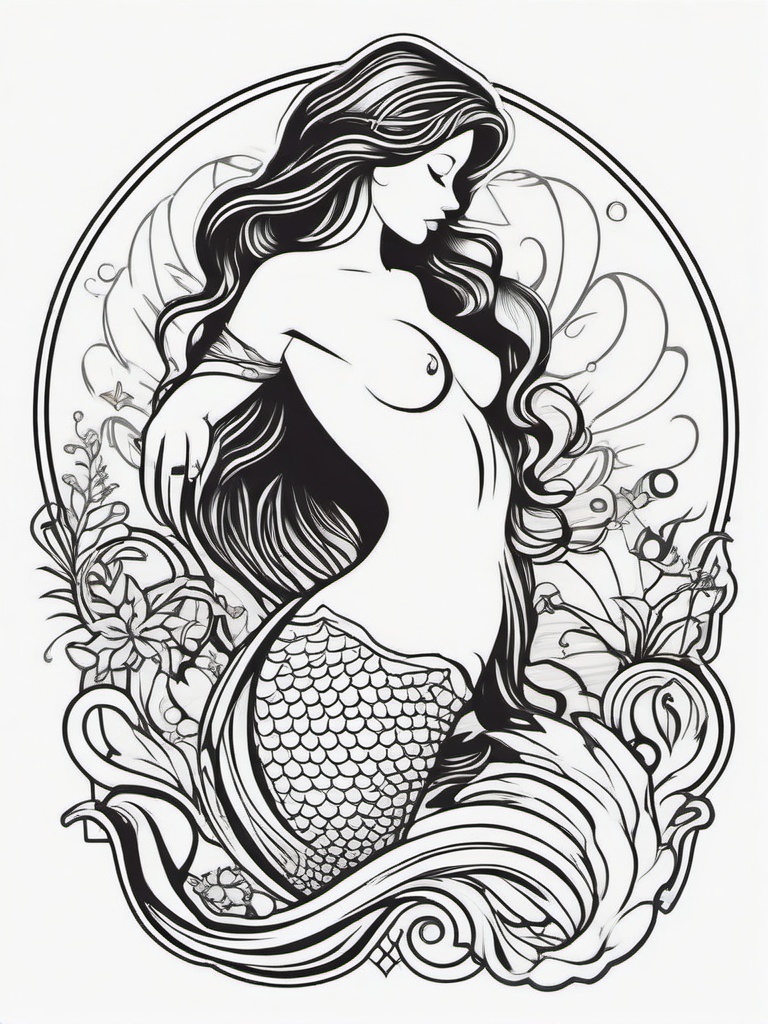 Mermaid Tattoo Stencil - Showcase clean and bold lines with a stencil-style mermaid-themed tattoo.  simple vector color tattoo,minimal,white background