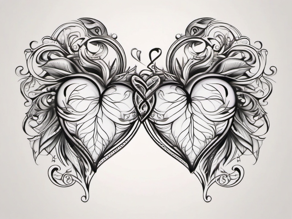 Matching heart tattoos, Two hearts, identical yet unique, celebrating the bond of love. , tattoo color art, clean white background