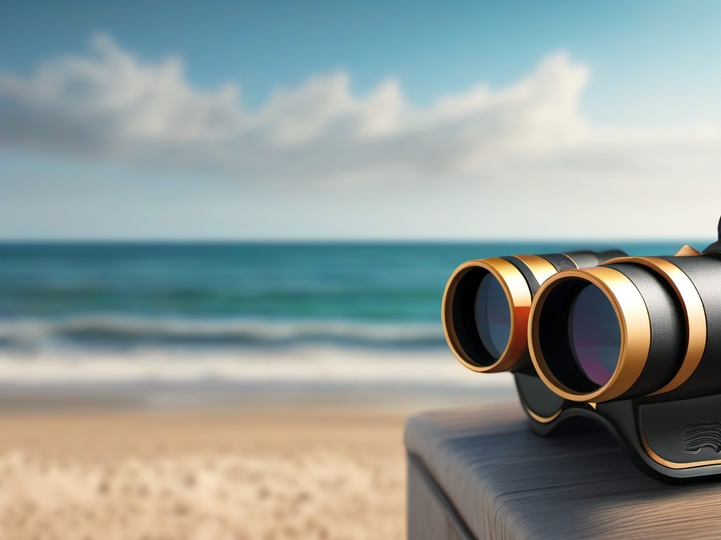 Beachside birdwatching and binoculars close shot perspective view, photo realistic background, hyper detail, high resolution