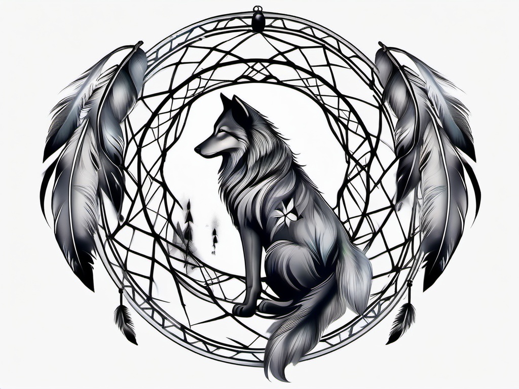 Dream Catcher Tattoo Wolf,dreamcatcher adorned with the spirit of the wolf, protecting one's dreams. , tattoo design, white clean background