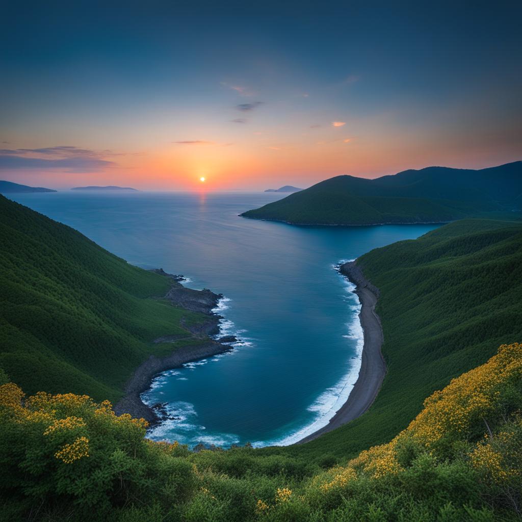 rishiri and rebun islands - capture the rugged coastline of rishiri and rebun islands in hokkaido, with their unique flora and pristine landscapes bathed in moonlight. 