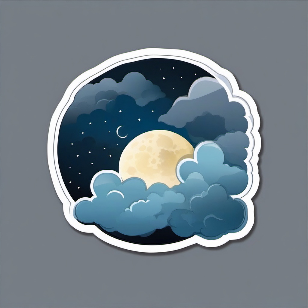 Moon and Clouds Sticker - Crescent moon amidst fluffy clouds, ,vector color sticker art,minimal