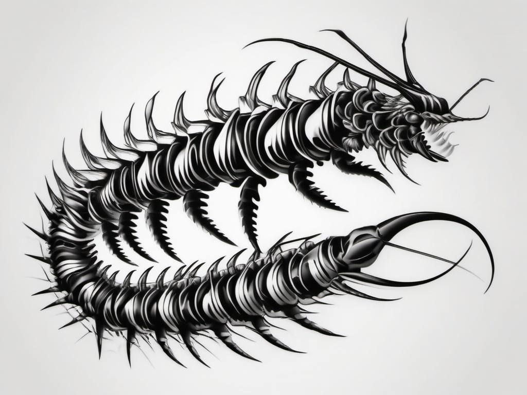 Dynamic centipede in motion tattoo: A visual representation of swift movement.  black white tattoo, white background