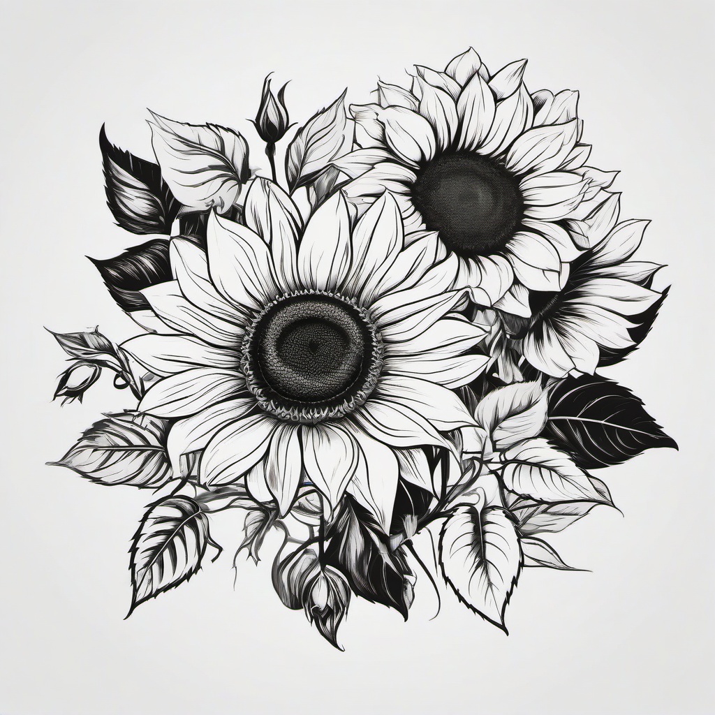 Sunflower and Rose Tattoo Black and White-Combination of sunflowers and roses in a black and white tattoo, expressing the vibrancy of nature.  simple vector color tattoo