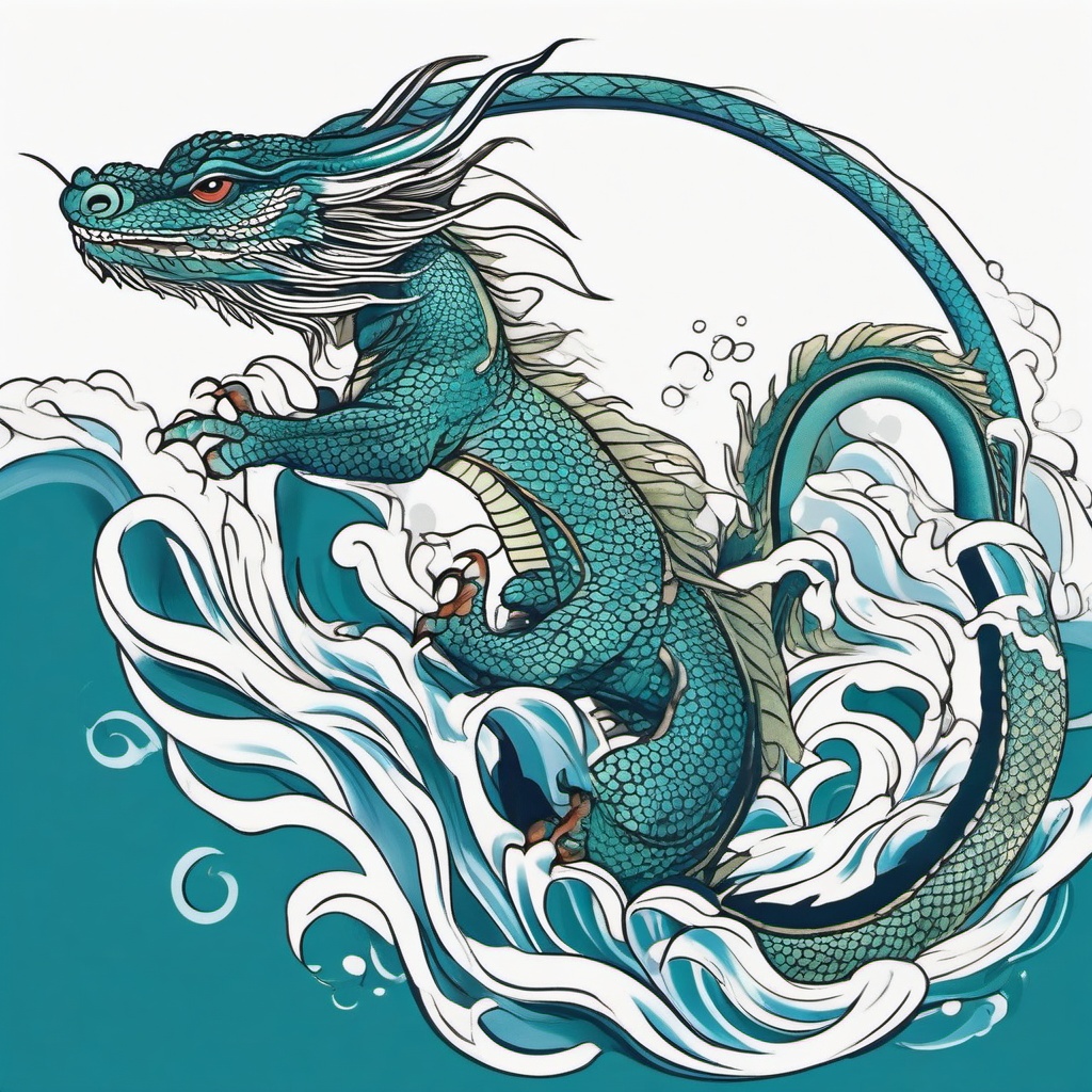 Chinese Water Dragon Tattoo - Water-themed dragon tattoo with Chinese influence.  simple color tattoo,minimalist,white background