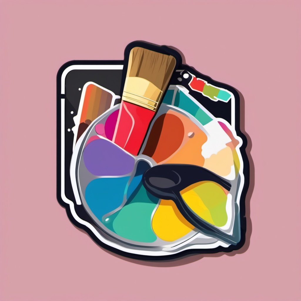 Palette and Brush Sticker - Artist's palette with a paintbrush, ,vector color sticker art,minimal