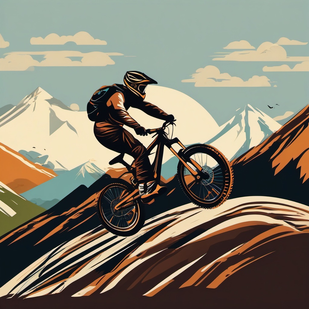 Mountain Biking Freeride Stunt Clipart - A mountain biker performing an exciting freeride stunt.  color vector clipart, minimal style