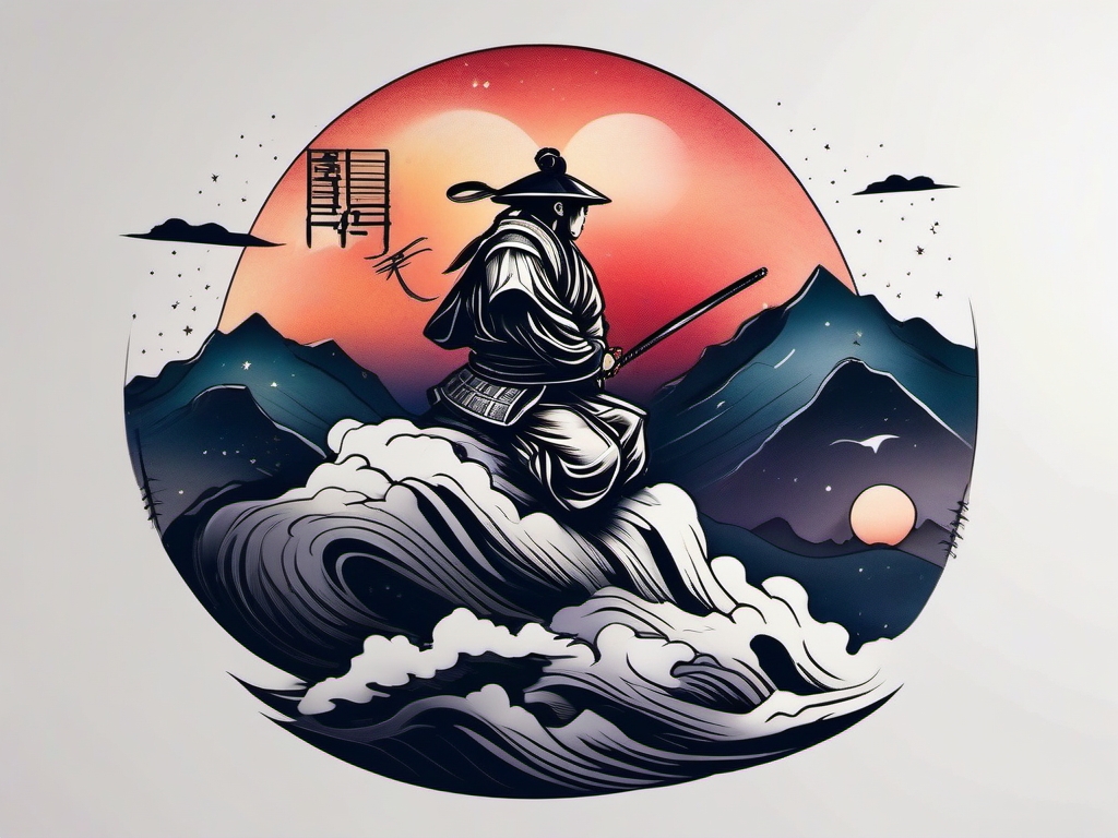 Wise samurai tattoo against a mystical night sky, embodying wisdom.  color tattoo,minimalist,white background