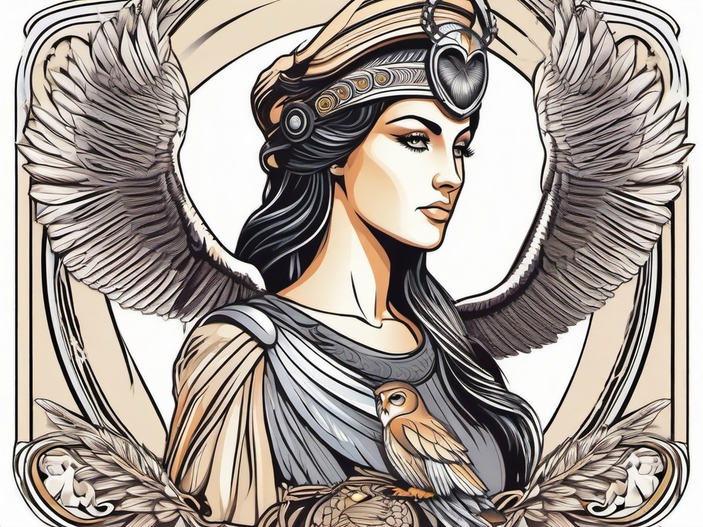 Athena with Owl Tattoo - Capture the essence of wisdom with a tattoo featuring Athena and her owl.  simple color tattoo,vector style,white background