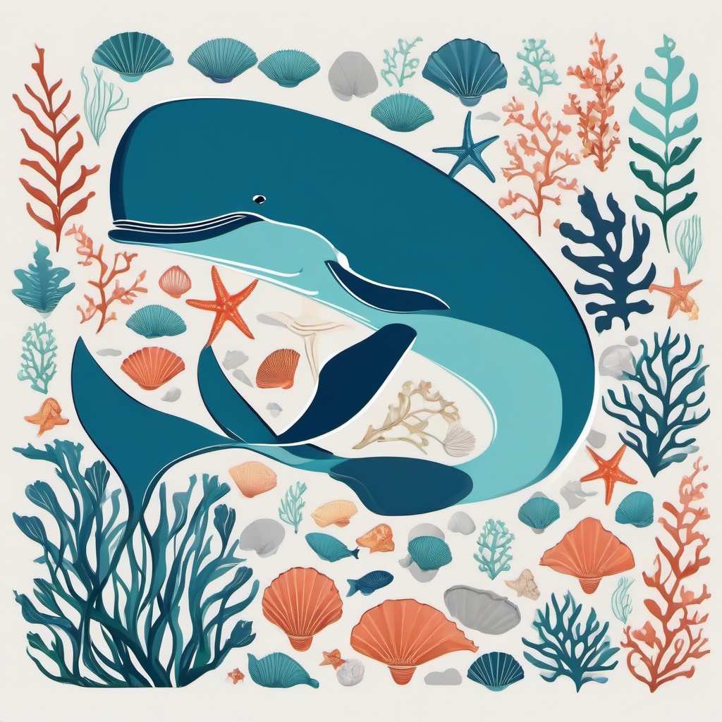 Whale clipart - whale surrounded by seaweed and seashells  color,minimalist,vector clipart