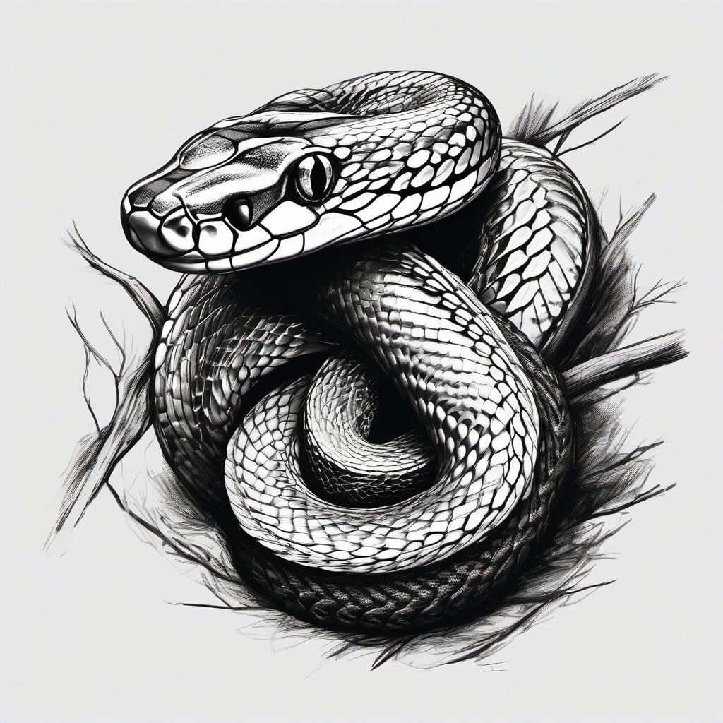 drawing of a python coiled around a branch  minimal rough sketch scribbles,doodles,black and white