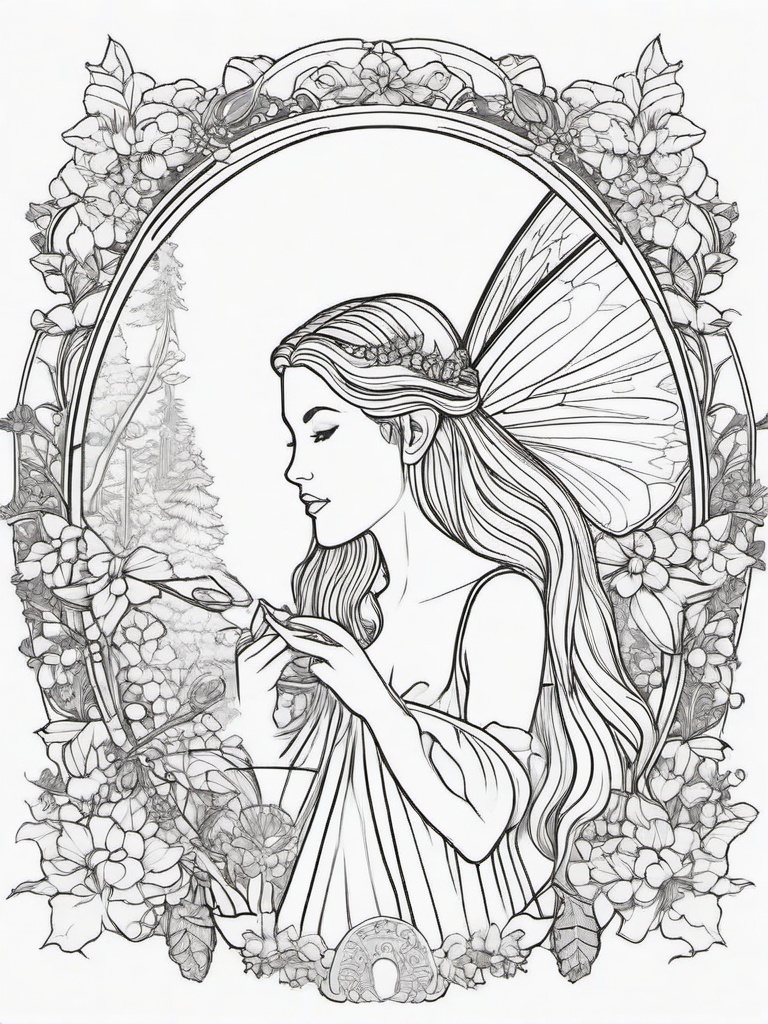 Fairy and Her Magical Mirror Coloring Pages - Fairy Looking Into a Mystical Mirror  minimal black outline printable sheet, coloring page