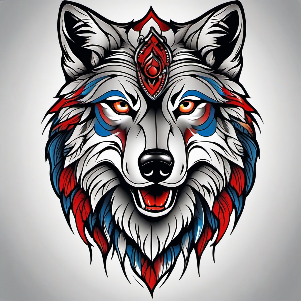 American Traditional Wolf Tattoo,classic American traditional wolf tattoo, paying homage to timeless values and loyalty. , color tattoo design, white clean background