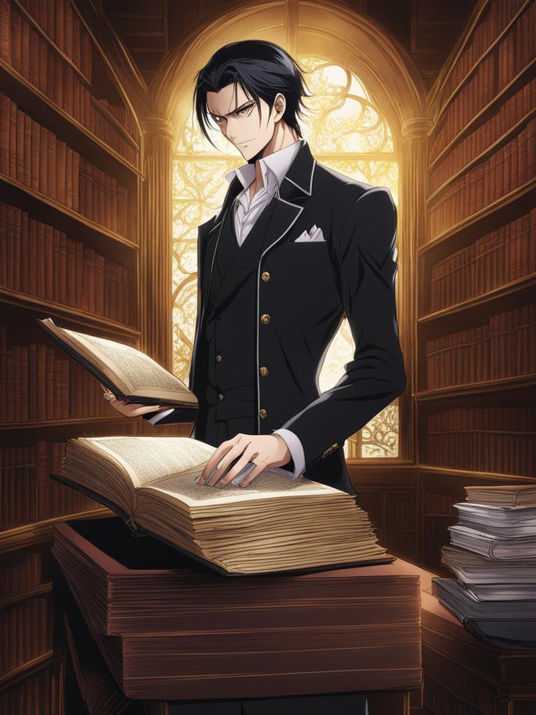 chrollo lucilfer,stealing a rare and forbidden tome,a clandestine library in the underworld anime, anime key visual, japanese manga, pixiv, zerochan, anime art, fantia