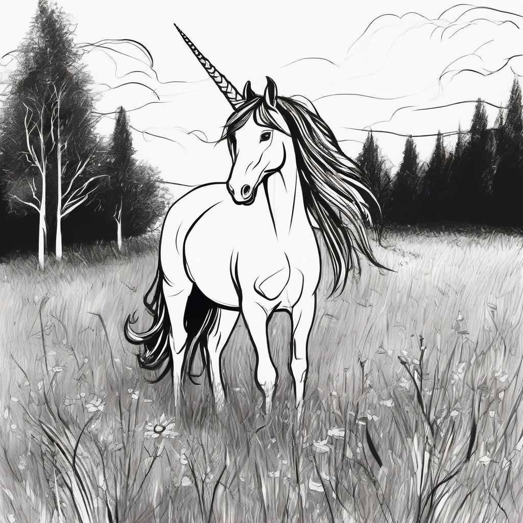 drawing of a unicorn in a meadow  minimal rough sketch scribbles,doodles,black and white