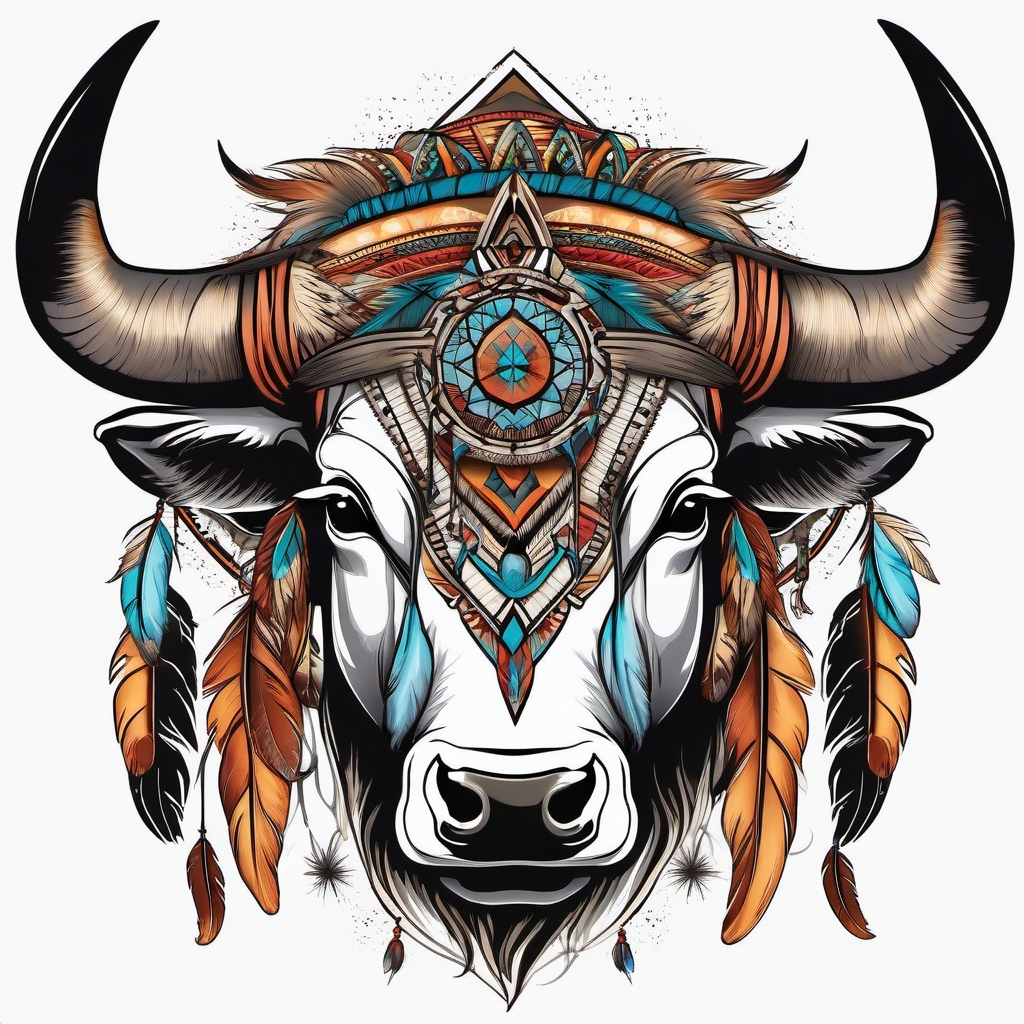 Bull with feathers and dreamcatcher tattoo. Native American fusion.  color tattoo design, white background