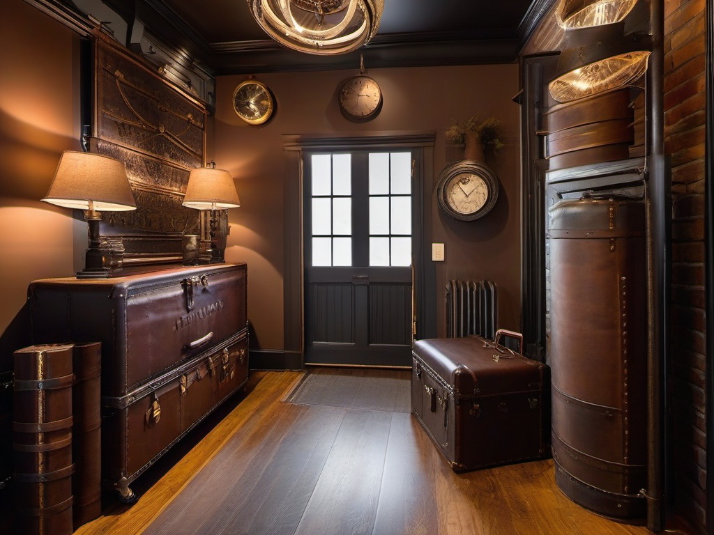 In the entryway, steampunk interior design showcases antique luggage, industrial lighting, and unique wall art that provide a warm and inviting welcome to guests.  