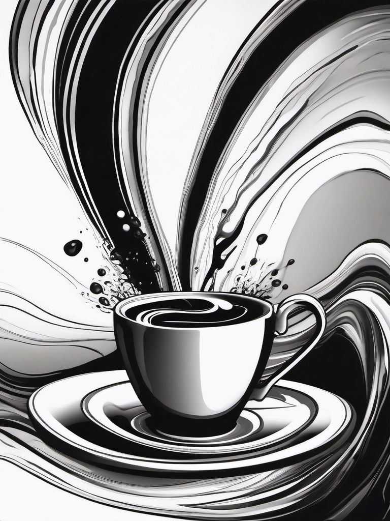 Abstract coffee cup art ink: Fluid lines capturing the daily ritual.  black and white tattoo style