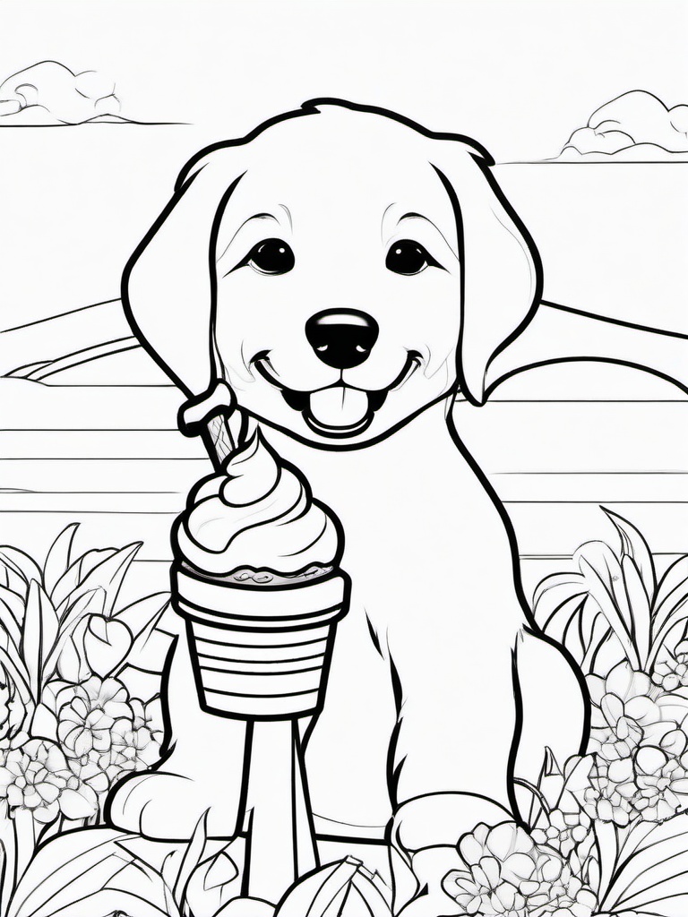 Puppy with Ice Cream Cone Coloring Pages - Adorable Puppy Enjoying a Summer Treat  minimal black outline printable sheet, coloring page