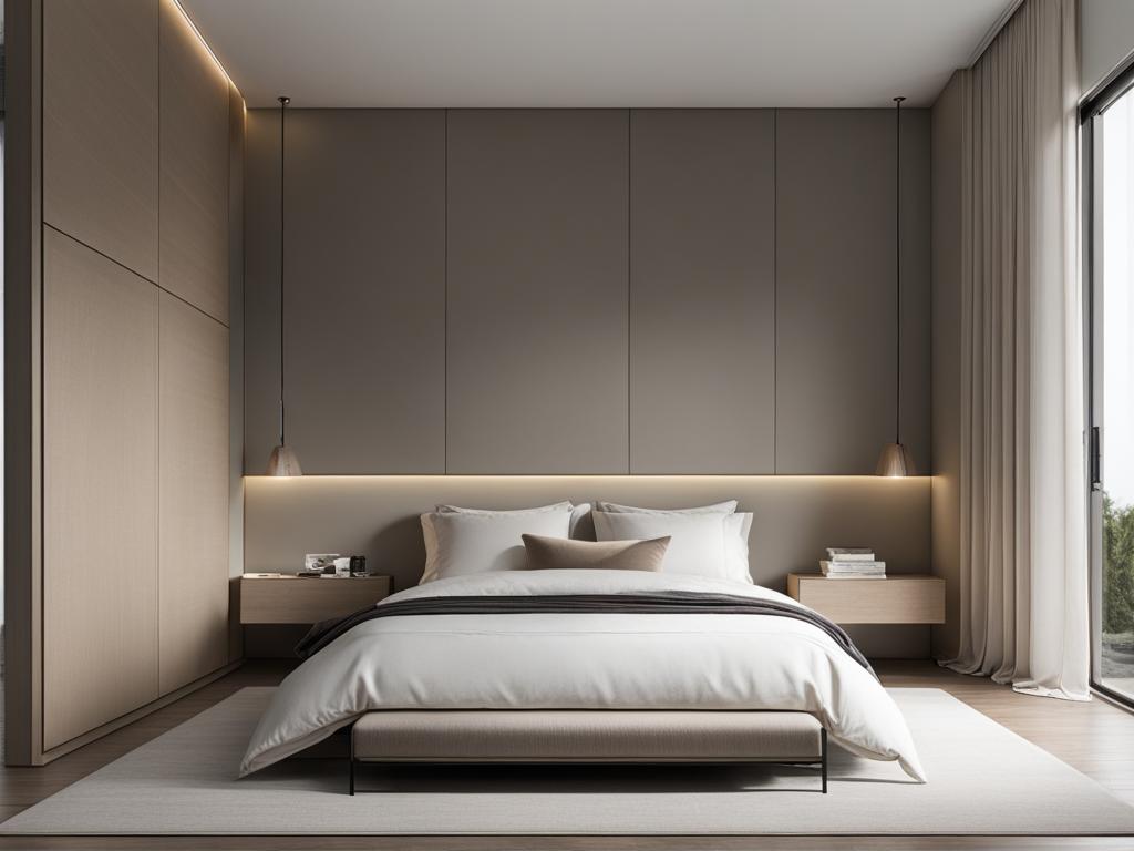 minimalist bedroom with a simple, uncluttered design and neutral colors. 