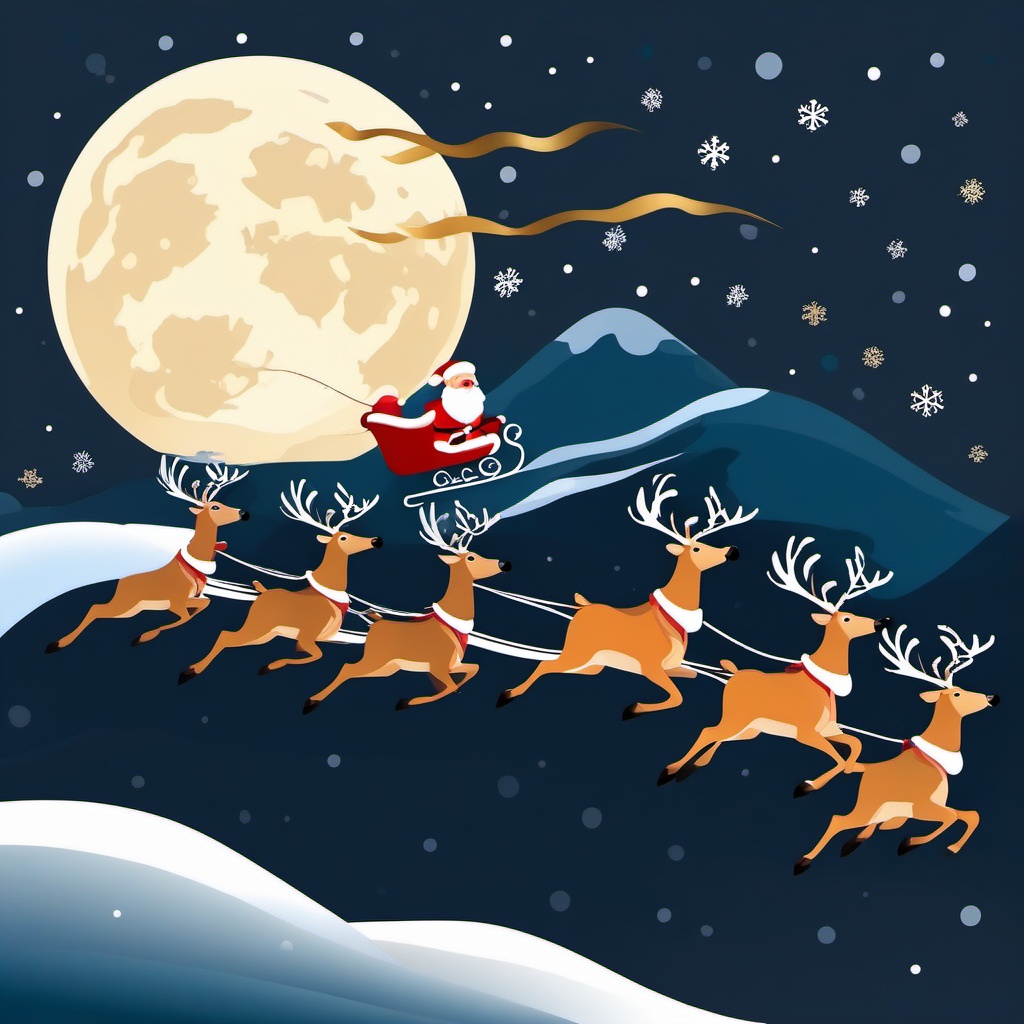 Santa sleigh clipart, Santa Claus and his reindeer taking off into the snowy night.  simple, 2d flat