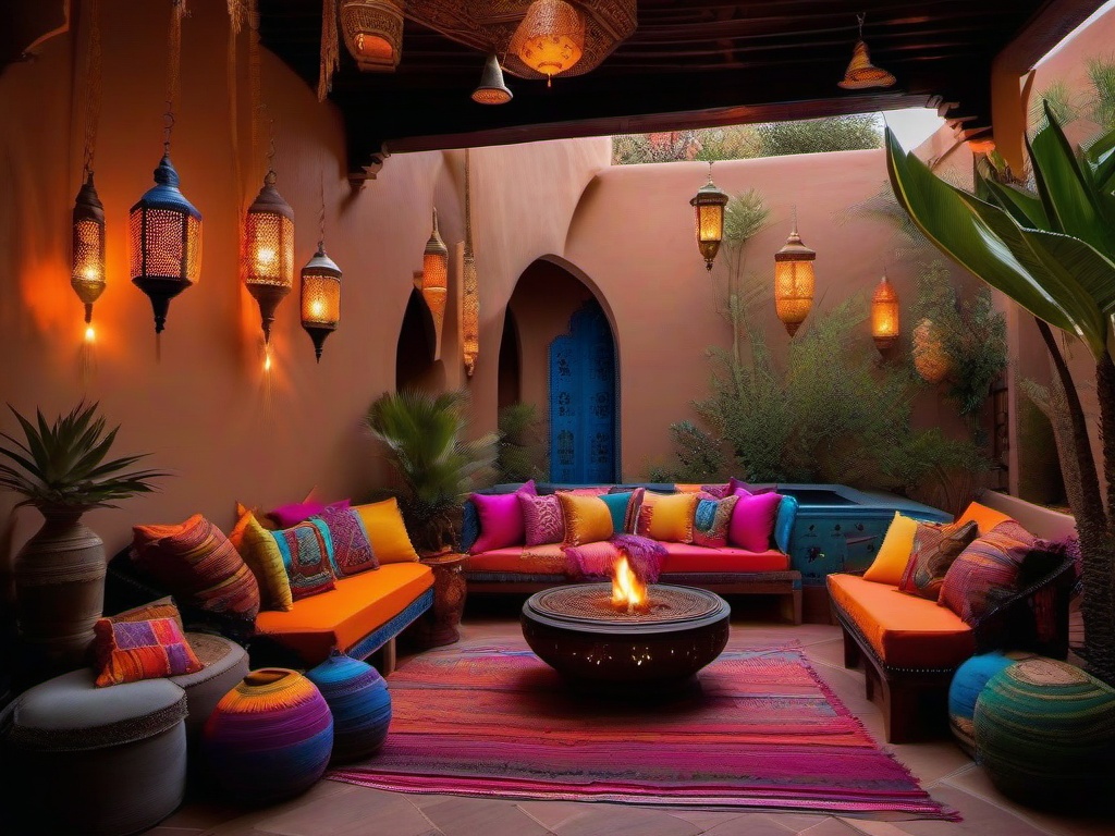 Moroccan patio dazzles with vibrant textiles, intricate lanterns, and colorful decor, creating an exotic and inspiring space for outdoor gatherings.  