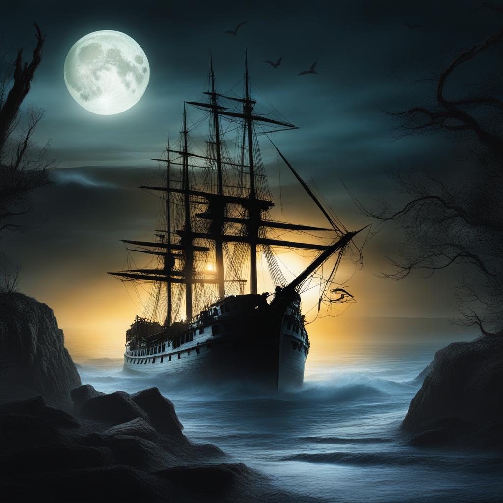 haunted shipwreck - create an eerie scene of a haunted shipwreck on a moonlit shore. 