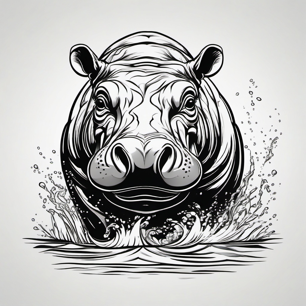 Hippopotamus Tattoo - Powerful hippopotamus emerging from the water  few color tattoo design, simple line art, design clean white background