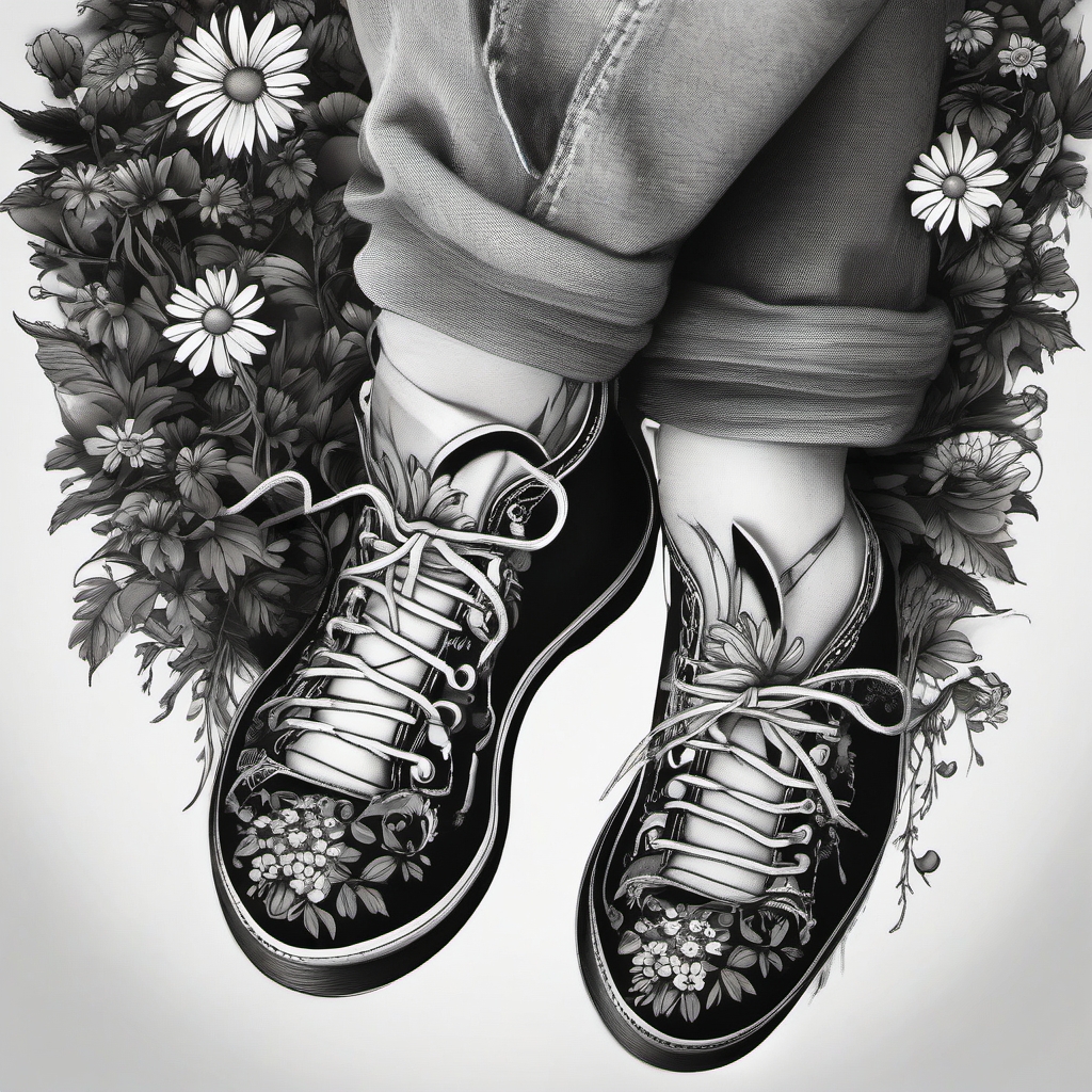 Clown shoes with daisies tattoo: Whimsical and surreal, blending comedy with nature.  black and white tattoo style