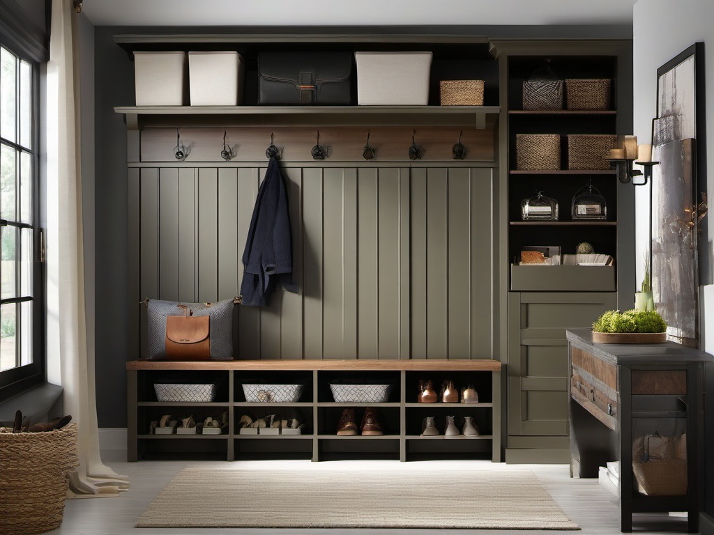 Urban Chic mudroom features practical storage, a mix of modern and vintage decor, and an efficient layout that maximizes style and function for entryways.  