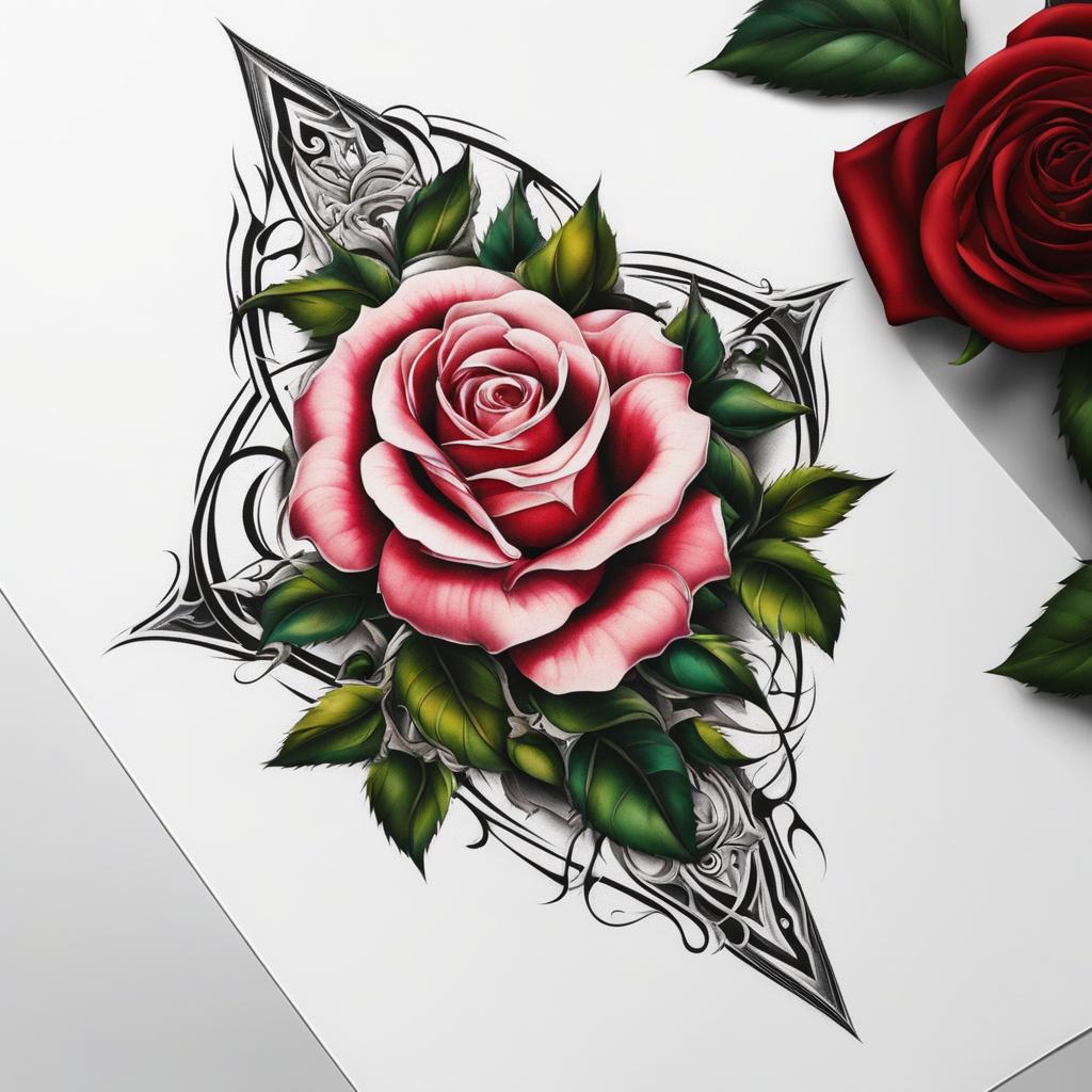 Thorned rose tattoo, Tattoos featuring roses with thorns, symbolizing strength and beauty.  color, tattoo patterns, white clean background