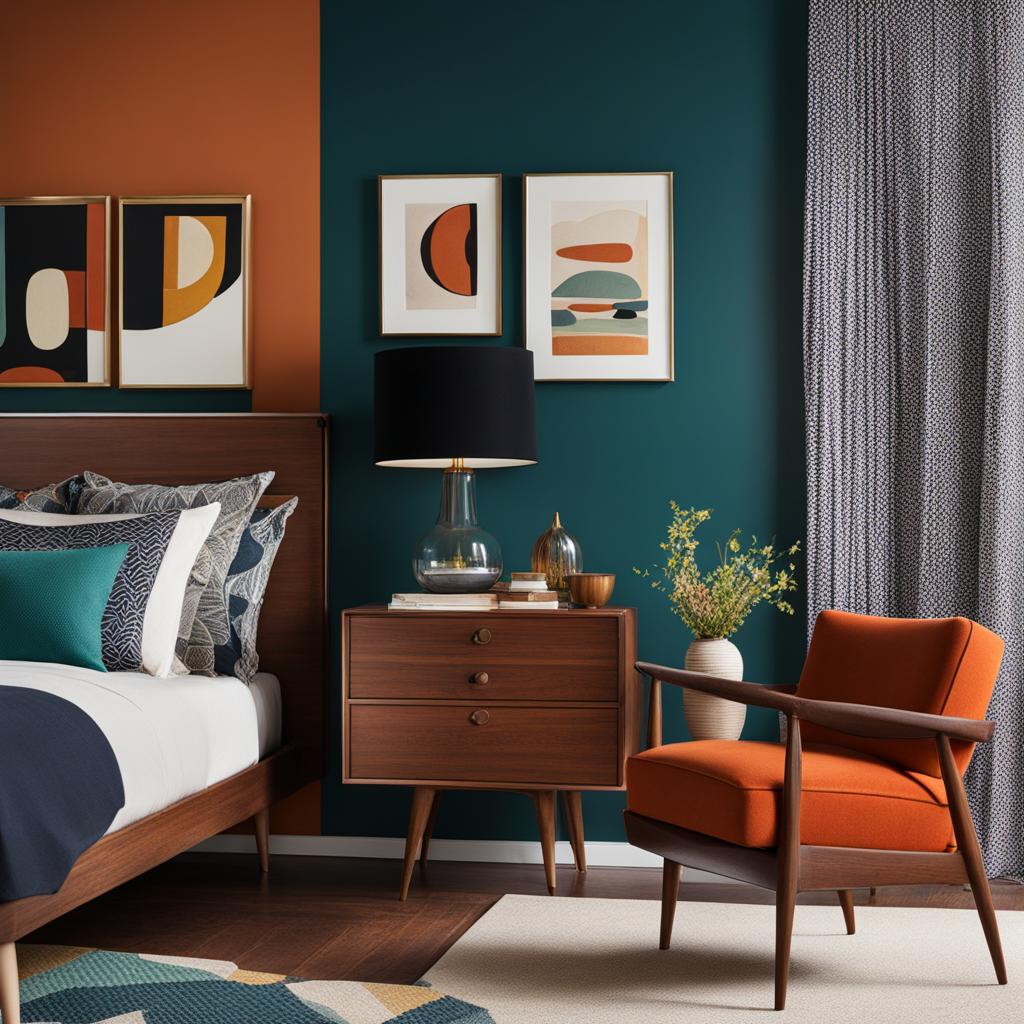 retro-inspired bedroom with mid-century modern furniture and bold patterns. 