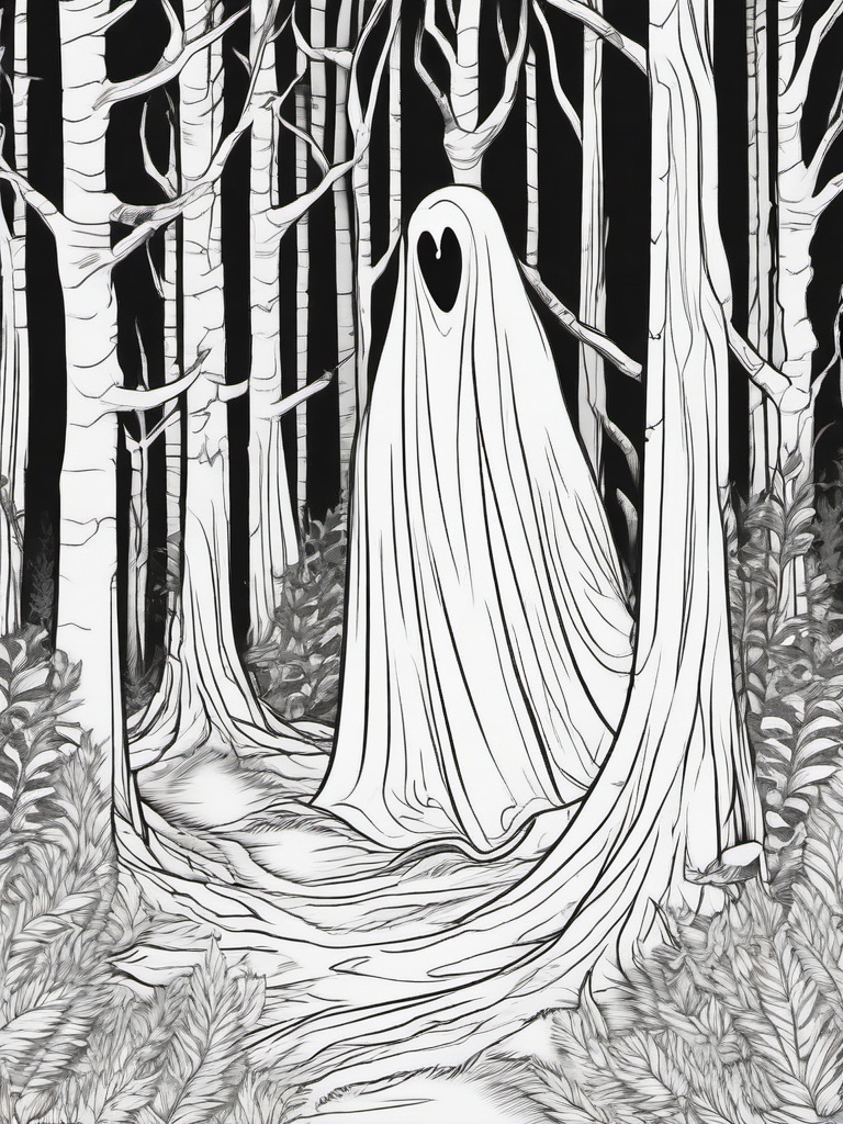 Horror Coloring Pages - Ghost floating through an eerie forest  simple coloring pages